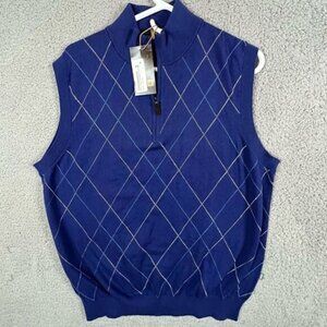 THE ACE CLUB MENS CASHMERE VEST BLUE WITH CRISS CROSS STRIPES SIZE L 1/4 ZIP